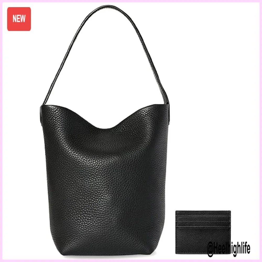 Genuine Leather Bucket Tote Bag with Credit Card Holder Wallet